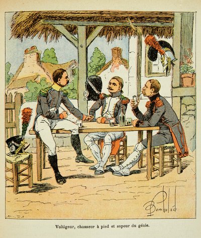 Illustrasjon av Bombled Louis (1862-1927) fra boken "The Memorial of Saint Helene" av grev Emmanuel de Las Cases (1766-1842): Armee Francaise: Voltigeur; jeger og åndens sapeur, privat samling av Louis Charles Bombled