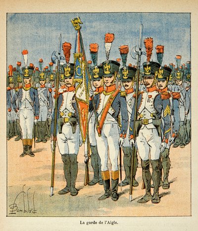 Illustrasjon av Bombled Louis (1862-1927) fra boken "The Memorial of Saint Helene" av grev Emmanuel de Las Cases (1766-1842): The Guard of the Eagle (skapt av Napoleon for å beskytte flagget), Privat samling av Louis Charles Bombled