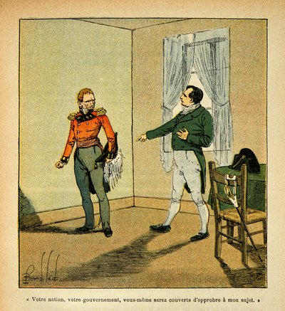 Illustrasjon av Bombled Louis (1862-1927) fra boken "The Memorial of Saint Helene" av grev Emmanuel de Las Cases (1766-1842): Keiser Napoleon klandrer guvernør Hudson Lowe (1769-1844) for hans oppførsel mot ham, Collection Partial av Louis Charles Bombled