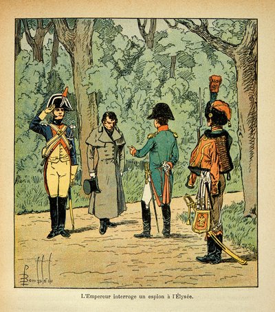 Illustrasjon av Bombled Louis (1862-1927) fra boken "The Memorial of Saint Helene" av grev Emmanuel de Las Cases (1766-1842): Keiser Napoleon forhører en spion ved Elysee, Private Collection av Louis Charles Bombled