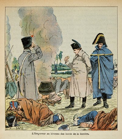 Illustrasjon av Bombled Louis (1862-1927) fra boken "The Memorial of Saint Helene" av grev Emmanuel de Las Cases (1766-1842): Napoleon under en bivuakk spiser brødet til soldater, Privat samling av Louis Charles Bombled