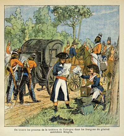 Illustrasjon av Bombled Louis (1862-1927) fra boken "The Memorial of Saint Helene" av grev Emmanuel de Las Cases (1766-1842): Under passasjen av Rhinen oppdager Moreau korrespondansen mellom Pichegru og prinsen av Conde i varebilene til av Louis Charles Bombled