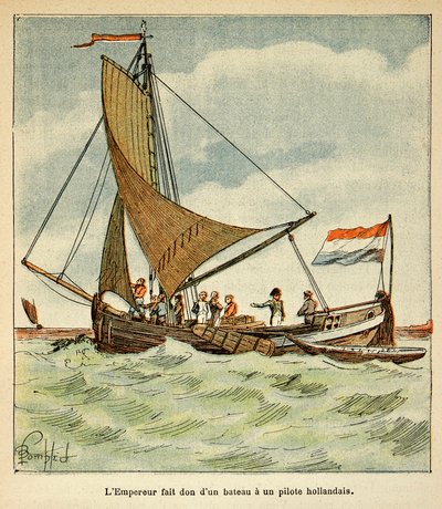 Illustrasjon av Bombled Louis (1862-1927) fra boken "The Memorial of Saint Helene" av grev Emmanuel de Las Cases (1766-1842): Napoleon donerte en båt til en nederlandsk pilot under hans besøk i Holland av Louis Charles Bombled