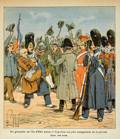 Illustrasjon av Bombled Louis (1862-1927) fra boken "The Memorial of Saint Helene" av grev Emmanuel de Las Cases (1766-1842): En grenader tar med seg sin far til Napoleon ved å bære ham i armene når han kommer tilbake fra Elba-øya , menig oberst av Louis Charles Bombled