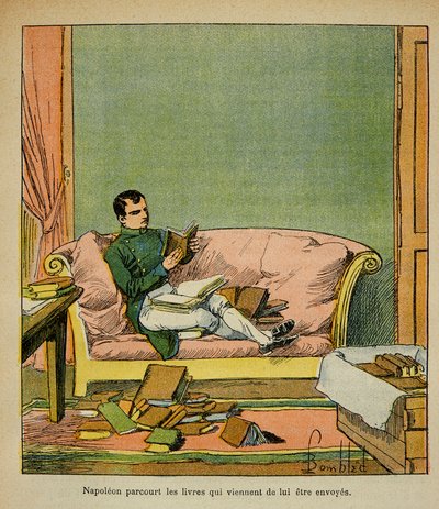 Illustrasjon av Bombled Louis (1862-1927) fra boken «The Memorial of Saint Helene» av grev Emmanuel de Las Cases (1766-1842): Keiser Napoleon reiser gjennom bøkene som nettopp er sendt til St. Helene, Privatsamling av Louis Charles Bombled