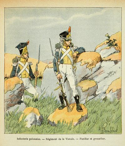 Illustrasjon av Bombled Louis (1862-1927) fra boken «The Memorial of Saint Helene» av grev Emmanuel de Las Cases (1766-1842): Polsk infanteri; Regiment av Vistula; fusilier og grenader, Privatsamling av Louis Charles Bombled