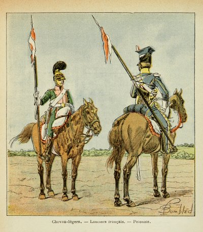 Illustrasjon av Bombled Louis (1862-1927) fra boken "The Memorial of Saint Helene" av grev Emmanuel de Las Cases (1766-1842): Light Horses of the Guard: French and Polish Lancier, Private Collection av Louis Charles Bombled