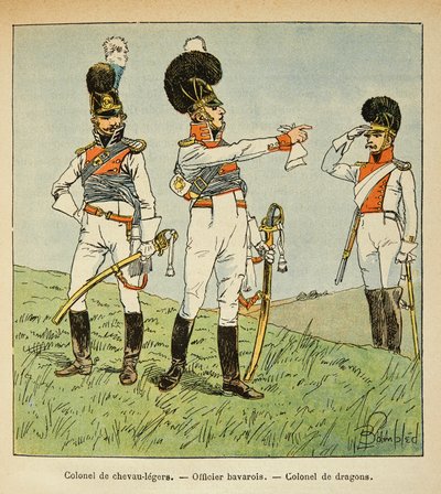 Illustrasjon av Bombled Louis (1862-1927) fra boken "The Memorial of Saint Helene" av grev Emmanuel de Las Cases (1766-1842): Bavarian Military: Colonel of Light Horses; bayersk offiser; Oberst av drager, privat samling av Louis Charles Bombled