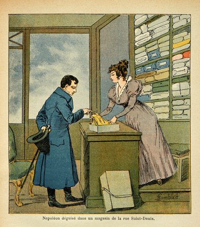 Illustrasjon av Bombled Louis (1862-1927) fra boken "The Memorial of Saint Helene" av grev Emmanuel de Las Cases (1766-1842): Keiser Napoleon forkledning i en butikk på Rue Saint Denis, privat samling av Louis Charles Bombled