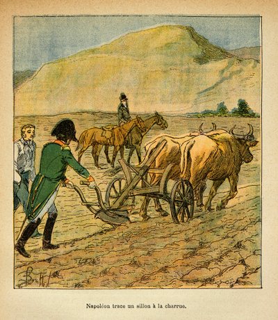 Illustrasjon av Bombled Louis (1862-1927) fra boken "The Memorial of Saint Helene" av grev Emmanuel de Las Cases (1766-1842): På St. Helene sporer keiser Napoleon en fure til plogen, privatsamling av Louis Charles Bombled