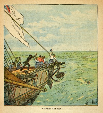 Illustrasjon av Bombled Louis (1862-1927) fra boken "The Memorial of Saint Helene" av grev Emmanuel de Las Cases (1766-1842): En mann drukner under keiser Napoleons reise til St. Helene, privat samling av Louis Charles Bombled