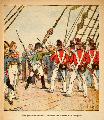 Illustrasjon av Bombled Louis (1862-1927) fra boken "The Memorial of Saint Helene" av grev Emmanuel de Las Cases (1766-1842): Keiser Napoleon kommanderer øvelsen til de engelske soldatene ombord på Bellerophon, Private Collection av Louis Charles Bombled