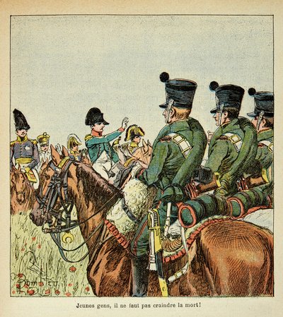 Illustrasjon av Bombled Louis (1862-1927) fra boken "The Memorial of Saint Helene" av grev Emmanuel de Las Cases (1766-1842): Napoleon harangue the trops, Private Collection av Louis Charles Bombled