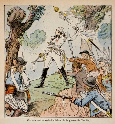 Illustrasjon av Bombled Louis (1862-1927) fra boken "The Memorial of Saint Helene" av grev Emmanuel de Las Cases (1766-1842): Chief Vendeen Charrette og hans støttespillere, privat samling av Louis Charles Bombled