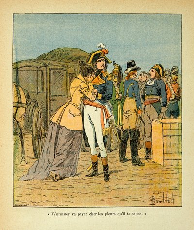 Illustrasjon av Bombled Louis (1862-1927) fra boken "The Memorial of Saint Helene" av grev Emmanuel de Las Cases (1766-1842): Bonaparte trøster Josephine etter angrepet på bilen hans under den italienske kampanjen, Private Collection av Louis Charles Bombled