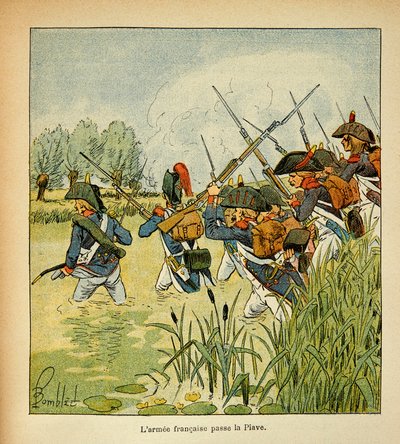 Illustrasjon av Bombled Louis (1862-1927) fra boken "The Memorial of Saint Helene" av grev Emmanuel de Las Cases (1766-1842): Den franske Armee passerer Piave under den italienske kampanjen, privat samling av Louis Charles Bombled