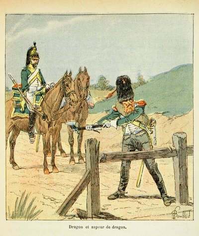 Illustrasjon av Bombled Louis (1862-1927) fra boken "The Memorial of Saint Helene" av grev Emmanuel de Las Cases (1766-1842): French Armee: Dragon and Dragon Sapper, privat samling av Louis Charles Bombled