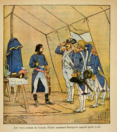 Illustrasjon av Bombled Louis (1862-1927) fra boken "The Memorial of Saint Helene" av grev Emmanuel de Las Cases (1766-1842): De gamle soldatene fra den italienske hæren kalte Bonaparte-korporal etter slaget ved Lodi i 1796, menig Samling av Louis Charles Bombled