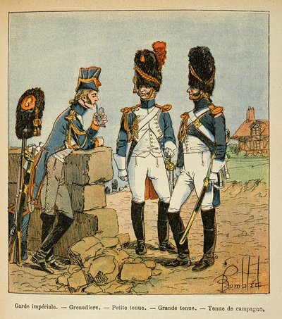Illustrasjon av Bombled Louis (1862-1927) fra boken «The Memorial of Saint Helene» av grev Emmanuel de Las Cases (1766-1842): Grenadiers of the Imperial Guard: Lite antrekk; stort antrekk og landantrekk, Privat samling av Louis Charles Bombled