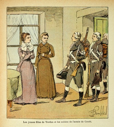 Illustrasjon av Bombled Louis (1862-1927) fra boken "The Memorial of Saint Helene" av grev Emmanuel de Las Cases (1766-1842): The Young Daughters of Verdun and the Soldiers of the Armee of Conde (Armee des Emigrres), Privat samling av Louis Charles Bombled