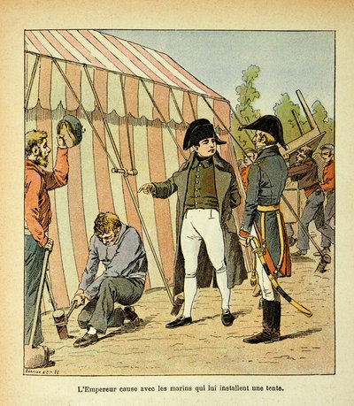 Illustrasjon av Bombled Louis (1862-1927) fra boken «The Memorial of Saint Helene» av grev Emmanuel de Las Cases (1766-1842): Keiser Napoleon snakker med sjømennene som satte opp et telt for ham, Private Collection av Louis Charles Bombled