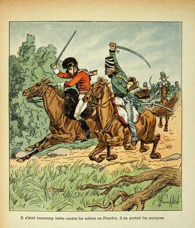 Illustrasjon av Bombled Louis (1862-1927) fra boken "The Memorial of Saint Helene" av grev Emmanuel de Las Cases (1766-1842): Kamp mellom franske og engelske ryttere, Privat samling av Louis Charles Bombled