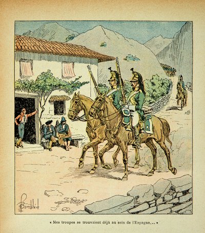 Illustrasjon av Bombled Louis (1862-1927) fra boken "The Memorial of Saint Helene" av grev Emmanuel de Las Cases (1766-1842): Franske tropper under den spanske krigen, privat samling av Louis Charles Bombled