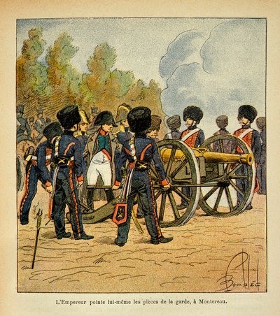 Illustrasjon av Bombled Louis (1862-1927) fra boken "The Memorial of Saint Helene" av grev Emmanuel de Las Cases (1766-1842): Keiser Napoleon retter selv våpenet til garde mot slaget ved Montereau, privat samling av Louis Charles Bombled