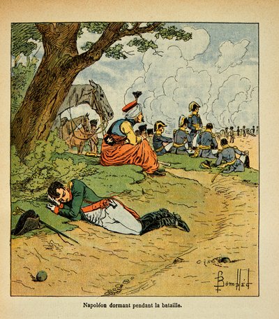 Illustrasjon av Bombled Louis (1862-1927) fra boken "The Memorial of Saint Helene" av grev Emmanuel de Las Cases (1766-1842): Keiser Napoleon sover under slaget, privat samling av Louis Charles Bombled