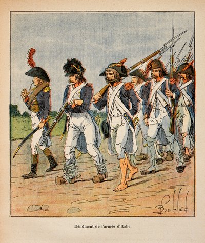 Illustrasjon av Bombled Louis (1862-1927) fra boken "The Memorial of Saint Helene" av grev Emmanuel de Las Cases (1766-1842): Denuering av Armee of Italy, privat samling av Louis Charles Bombled