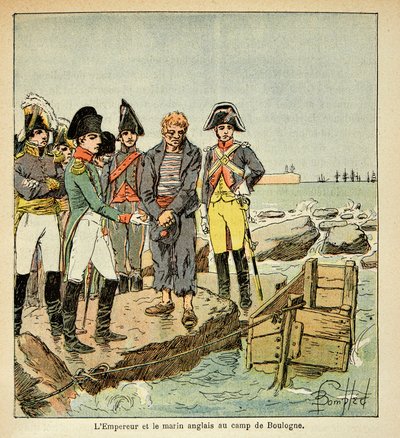 Illustrasjon av Bombled Louis (1862-1927) fra boken "The Memorial of Saint Helene" av grev Emmanuel de Las Cases (1766-1842): En engelsk sjømann som søker å bli med sitt land frigjort av keiseren i leiren Boulogne, menig Samling av Louis Charles Bombled