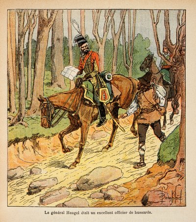 Illustrasjon av Bombled Louis (1862-1927) fra boken "The Memorial of St. Helene" av grev Emmanuel de Las Cases (1766-1842): General Hengel, offiser for Hussars under den italienske kampanjen, privat samling av Louis Charles Bombled