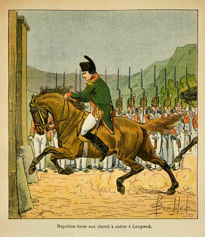 Illustrasjon av Bombled Louis (1862-1927) fra boken «The Memorial of St. Helene» av grev Emmanuel de Las Cases (1766-1842): Keiser Napoleon tvinger hesten sin til å gå inn i Longwood ved St. Helene, Private Collection av Louis Charles Bombled
