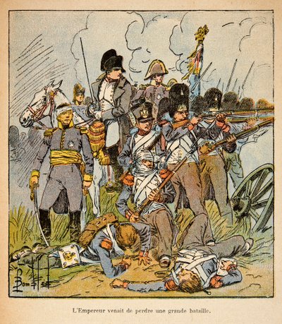 Illustrasjon av Bombled Louis (1862-1927) fra boken "The Memorial of St. Helene" av grev Emmanuel de Las Cases (1766-1842): Keiseren Napoleon i slaget ved Waterloo i 1815, privat samling av Louis Charles Bombled