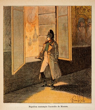 Illustrasjon av Bombled Louis (1862-1927) fra boken "The Memorial of St. Helene" av grev Emmanuel de Las Cases (1766-1842): Keiser Napoleon vurderer brannen i Moskva i september 1812, privat samling av Louis Charles Bombled
