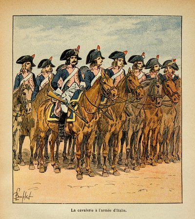 Illustrasjon av Bombled Louis (1862-1927) fra boken "The Memorial of St. Helene" av grev Emmanuel de Las Cases (1766-1842): Kavaleri med Armee of Italy, privat samling av Louis Charles Bombled