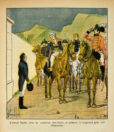 Illustrasjon av Bombled Louis (1862-1927) fra boken "The Memorial of St. Helene" av grev Emmanuel de Las Cases (1766-1842): Admiral Taylor med en generalstab presenterer seg i Longwood for å møte keiser Napoleon, privat samling av Louis Charles Bombled