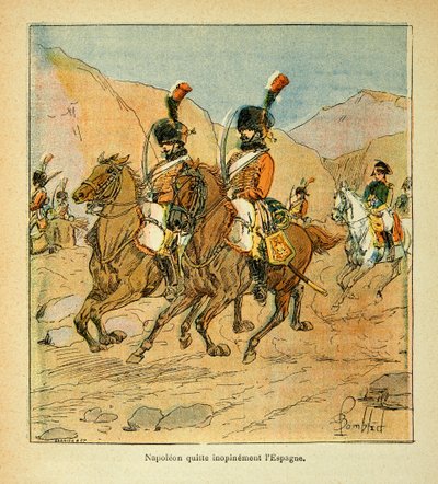 Illustrasjon av Bombled Louis (1862-1927) fra boken «The Memorial of St. Helene» av grev Emmanuel de Las Cases (1766-1842): Keiser Napoleon forlater Spania med hast av Louis Charles Bombled
