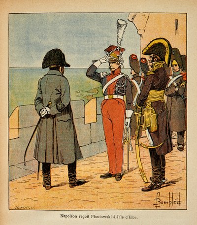 Illustrasjon av Bombled Louis (1862-1927) fra boken "The Memorial of St. Helene" av grev Emmanuel de Las Cases (1766-1842): Keiser Napoleon mottar Marechal Poniatowski på Elba Island, Private Collection av Louis Charles Bombled