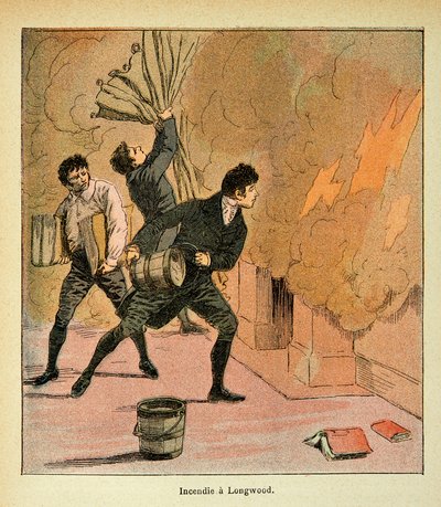 Illustrasjon av Bombled Louis (1862-1927) fra boken "The memorial se Sainte Helene" av grev Emmanuel de Las Cases (1766-1842): Fire a Longwood, Private Collection av Louis Charles Bombled