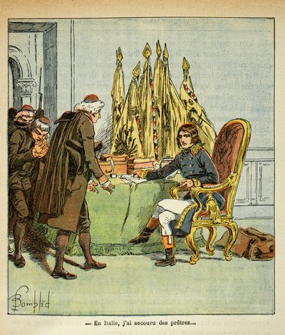 Illustrasjon av Bombled Louis (1862-1927) fra boken "The memorial se Sainte Helene" av grev Emmanuel de Las Cases (1766-1842): Under den italienske kampanjen redder Bonaparte prester, privat samling av Louis Charles Bombled