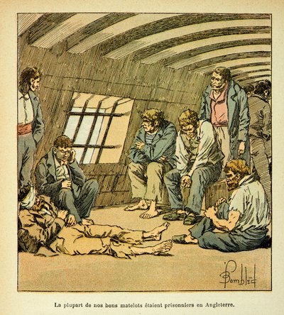 Illustrasjon av Bombled Louis (1862-1927) fra boken "The memorial se Sainte Helene" av grev Emmanuel de Las Cases (1766-1842): Franske fanger på de engelske pongtongene, Privat samling av Louis Charles Bombled