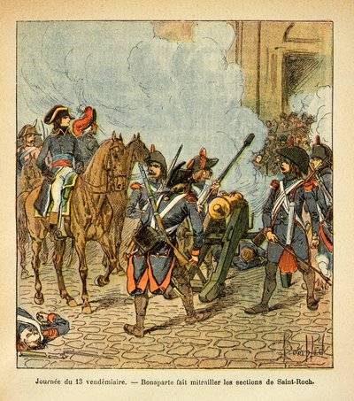 Illustrasjon av Bombled Louis (1862-1927) fra boken "The memorial se Sainte Helene" av grev Emmanuel de Las Cases (1766-1842): Dagen den 13. fredag får Bonaparte seksjonene av Saint Roch til å skyte med en kanon, Privat samling av Louis Charles Bombled