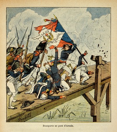 Illustrasjon av Bombled Louis (1862-1927) fra boken "The memorial se Sainte Helene" av grev Emmanuel de Las Cases (1766-1842): Bonaparte ved broen til Arcole, privat samling av Louis Charles Bombled