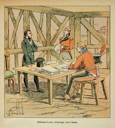 Illustrasjon av bombet Louis (1862-1927) fra grev Emmanuel de Las Cases (1766-1842): Guvernør Hudson Lowe (1769-1844) stiller spørsmål ved Las Cases, privat samling av Louis Charles Bombled