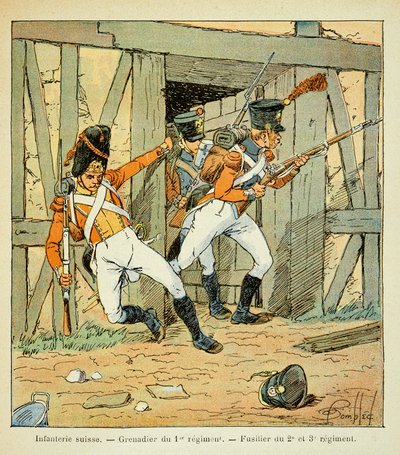 Illustrasjon av bombet Louis (1862-1927) fra boken "The Memorial of Saint Helene" av grev Emmanuel de Las Cases (1766-1842): Sveitsisk infanteri: grenader av 1. regiment og fusilier av 2., 3. og 3. regiment, Privat samling av Louis Charles Bombled