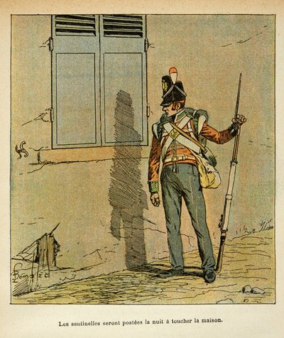 Illustrasjon av bombet Louis (1862-1927) fra boken "The Memorial of Saint Helene" av grev Emmanuel de Las Cases (1766-1842): Engelsk vaktpost stasjonert nær keiserens hus i St. Helene, privat samling av Louis Charles Bombled