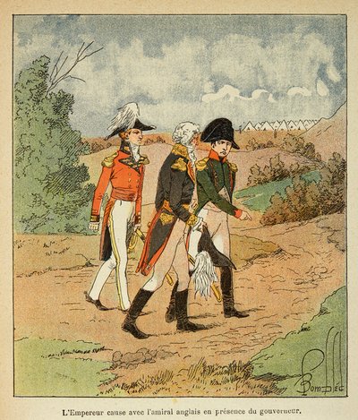 Illustrasjon av bombet Louis (1862-1927) fra boken "The Memorial of Saint Helene" av grev Emmanuel de Las Cases (1766-1842): Samtale mellom Napoleon, guvernør Hudson Mowe og den engelske admiralen Cockburn i august 1816 på Ste Helene, Private Co av Louis Charles Bombled