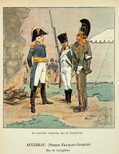 Illustrasjon av bombet Louis (1862-1927) fra boken "The Memorial of Saint Helene" av grev Emmanuel de Las Cases (1766-1842): Le marechal Pierre Augereau (1757-1816), hertugen av Castiglione, privat samling av Louis Charles Bombled