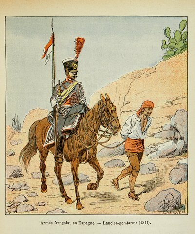 Illustrasjon av bombet Louis (1862-1927) fra boken "The Memorial of Saint Helene" av grev Emmanuel de Las Cases (1766-1842): Fransk Armee i Spania: Lancier gendarme 1811, privat samling av Louis Charles Bombled